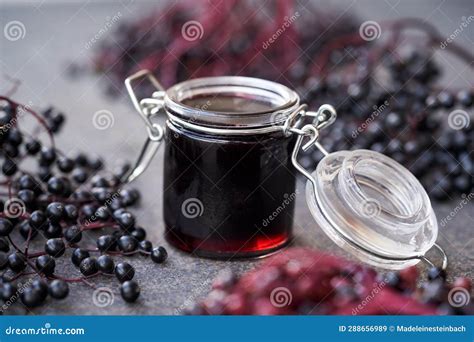 Black Elderberry Syrup in a Glass Jar Stock Image - Image of twig ...