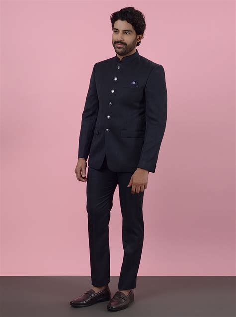 JadeBlue Blue Terry Rayon Self Design Jodhpuri Suit - Regular Fit