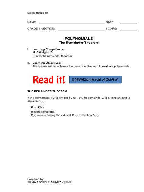 Image result for Printable Worksheet Applications of Remainder Theorem