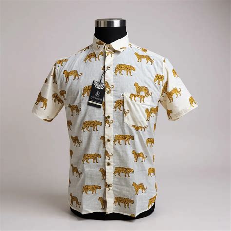 White Cheetah Printed Mens Half Sleeves Cotton Shirt – Jaipuri Stitch