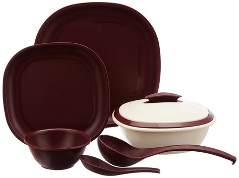 Signoraware Matt Finish Square Plastic Dinner Set, 27-Pieces, Maroon ...