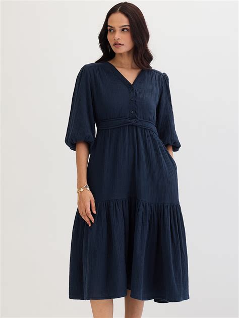 Cotton Gauze Midnight Blue Knot Detail Midi Dress