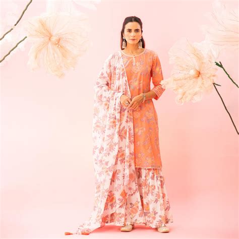 Orange Floral Printed Cotton Kurta Sharara Dupatta Set – Ekohum India