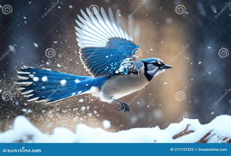 Blue Jay Bird in Flight in Winter with Snow Falling in the Air ...