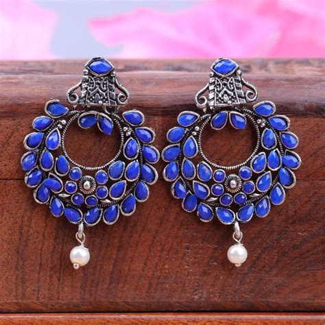 Blue Stone Studded Intricate Earrings With Hanging Baby Pearl – StylishKudi