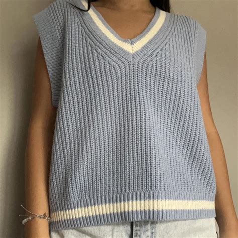 H&M rob-knit v neck blue and white sweater vest... - Depop