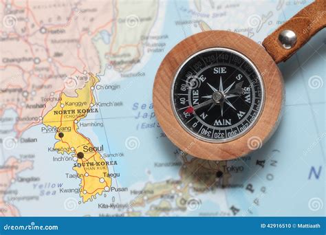 Travel Destination North and South Korea, Map with Compass Stock Photo ...
