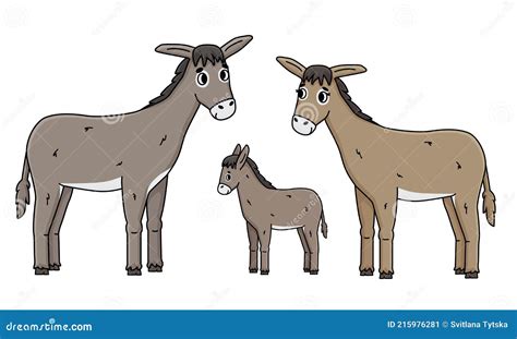 Cute Outline Cartoon Hand Drawn Donkey Family. Gray Male Father, Brown ...