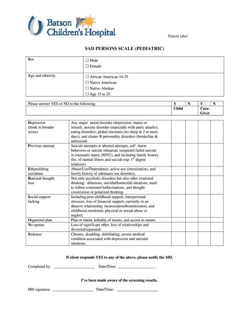 Fillable Online umc SAD PERSONS SCALE PEDS 6 - University of ...