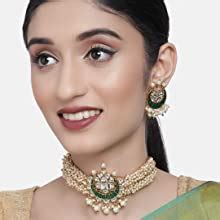 ZAVERI PEARLS Green Meenakari Clustered Pearls Patta Kundan Choker ...