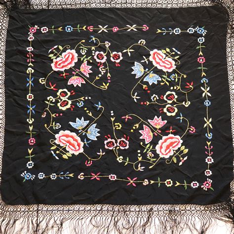 Small Vintage Spanish Silk Embroidered Fringed Flamenco Shawl ...