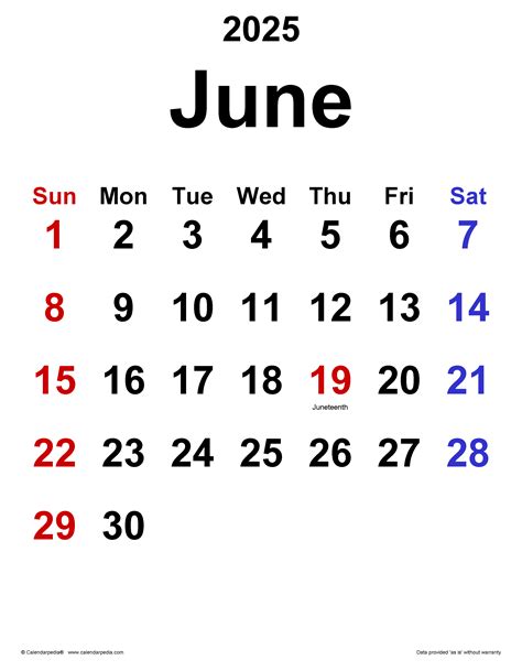 June 2025 Calendar | Templates for PDF, Excel and Word