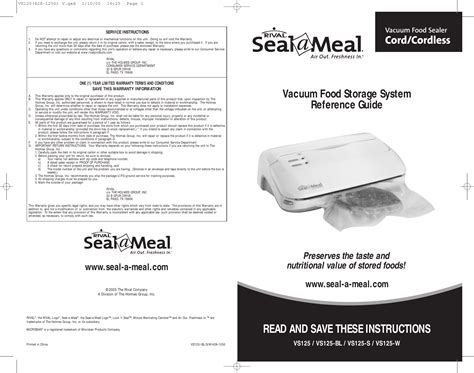 Seal A Meal Vs125 Users Manual VS125(428 1250) V