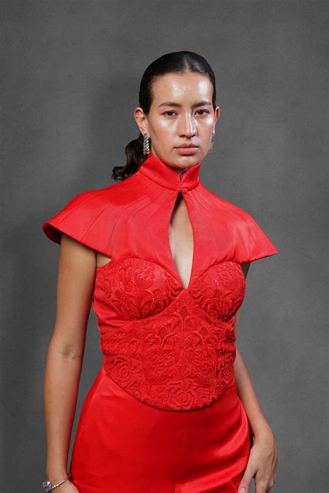 The Radiant Sculpted Pant Set – Cherry Red Satin Silk Embroidered Top ...