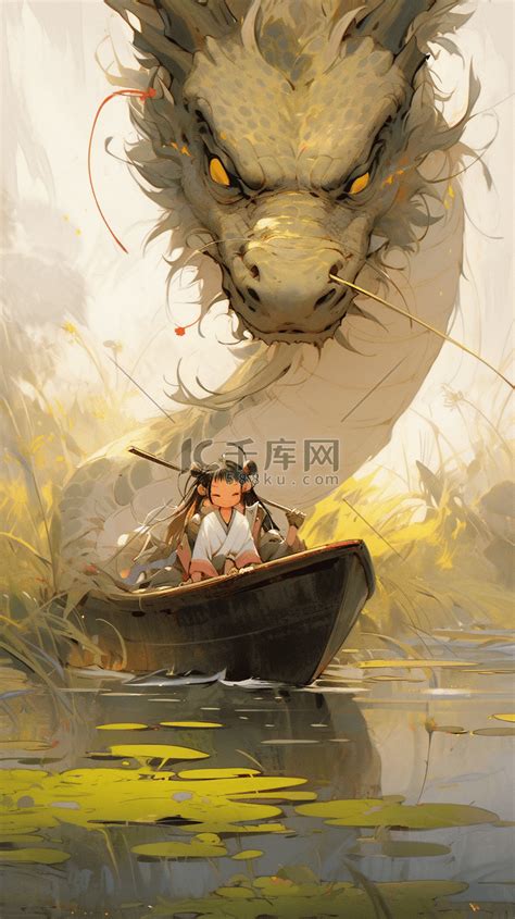 端午节女孩划龙舟中国龙插画图片-千库网