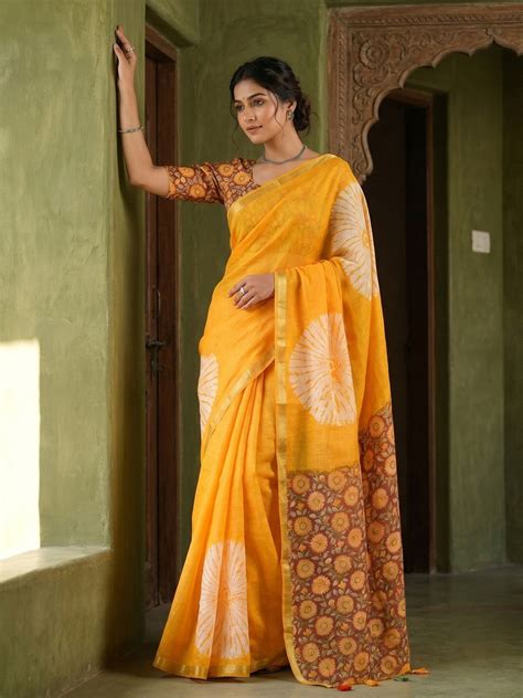 Yellow Linen Saree with White Abstract Design Lightweight Comfortable