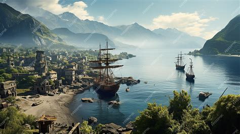 Premium Photo | Pirate port overlooking old sailing ship