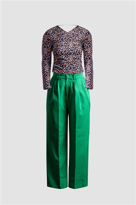 (Combo) Green Wide Leg Pant (Iris) & Black Floral Fitted Top (Sera ...