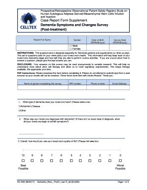 Fillable Online Case Report Form Supplement Dementia Symptoms and ...