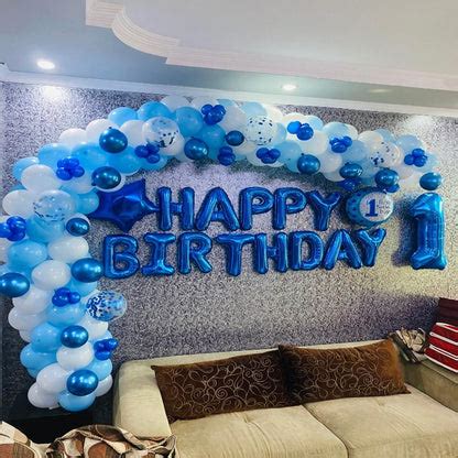 Baby Boy 1st Birthday Balloon Decoration in Blue theme at home ...
