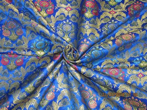 Silk Brocade Fabric royal blue green x metallic gold 44" wide Bro568[4 ...