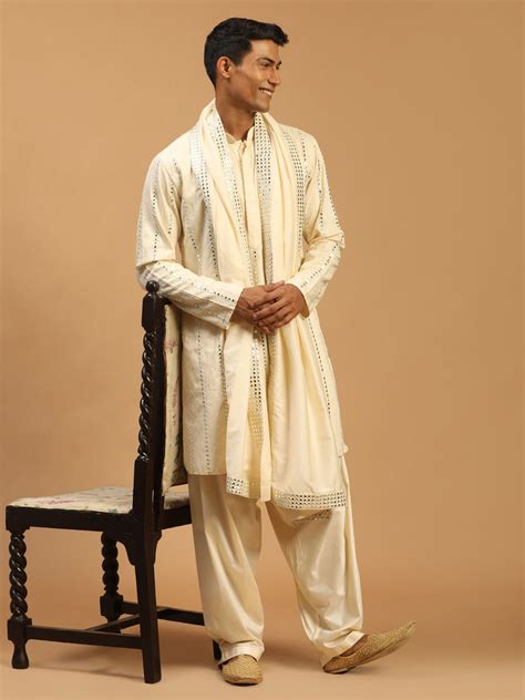 Men's Cream Mirror Kurta Patiala And Dupatta Set – vastramay