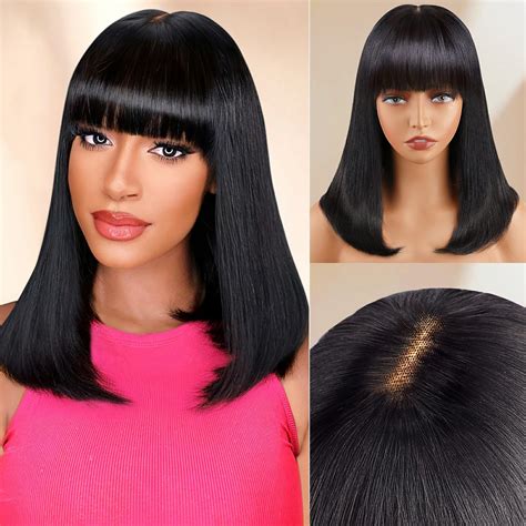 Amazon.com : Bob Wig with Bangs Human Hair 4x2 Lace Bob Wig Human Hair ...