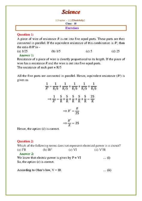 (Chapter 11) (Electricity) Class 10 Exercises and Solutions - Studocu