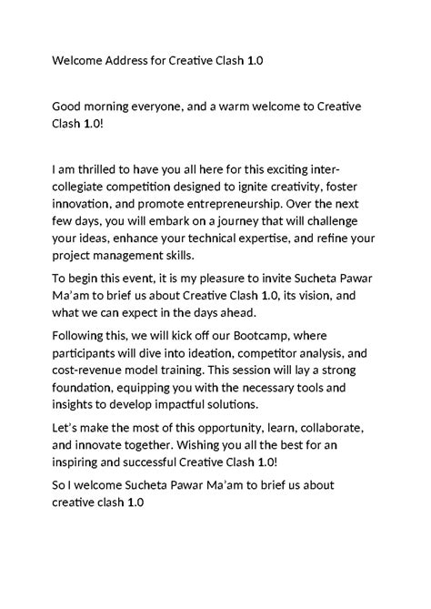 Welcome Address for Creative Clash 1.0: Igniting Innovation and ...