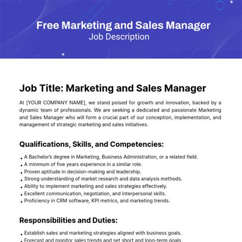 Free Marketing and Sales Manager Job Description Template to Edit Online