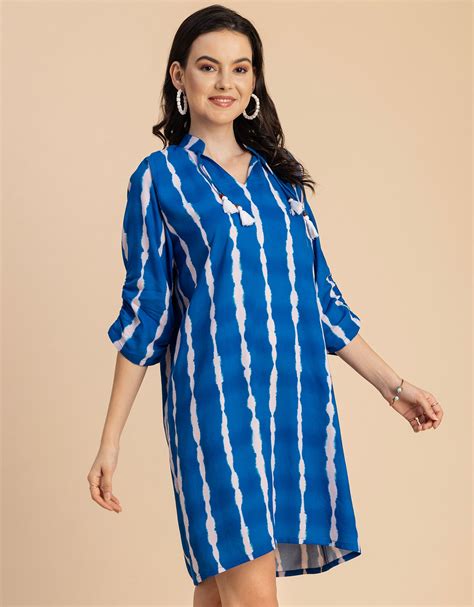 Raglan Sleeves Band Collar Printed Rayon Dress - Moomaya