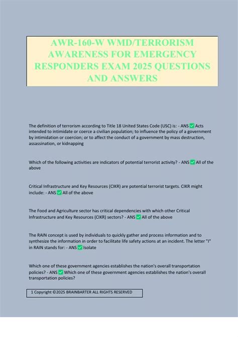 AWR-160-W WMD/TERRORISM AWARENESS FOR EMERGENCY RESPONDERS EXAM 2025 ...