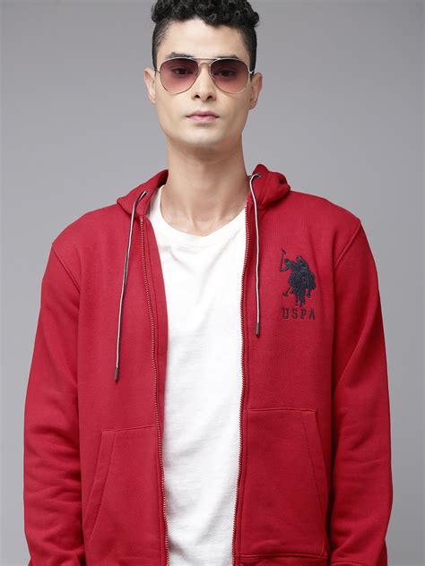 Buy U S Polo Assn Men Red Hooded Full Sleeves Front Open Sweatshirt ...