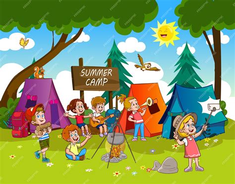 Premium Vector | Happy kids by bonfire in summer camp - kids taking ...