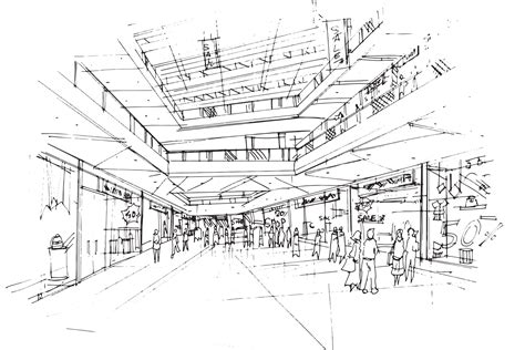 mall sketch drawing,Fashion shops and people walking around.,Modern ...