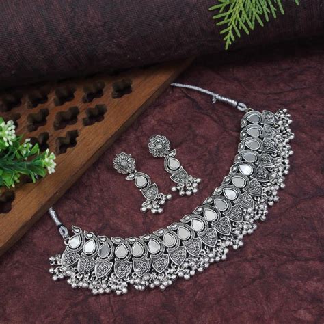 Etnico Silver Oxidised Afghani Ghungroo Drop Choker Necklace With Earr ...