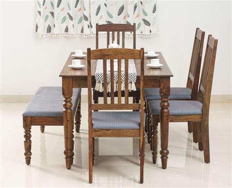 Buy Belgium 6 Seater Dining Set Online | 4 Chairs & Bench