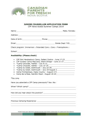 Fillable Online ns cpf JUNIOR COUNSELLOR APPLICATION FORM CPF Nova Fax ...