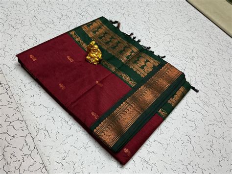Kalyani Cotton – Maroon with Rich Green Zari Buttas – srinandhinitex