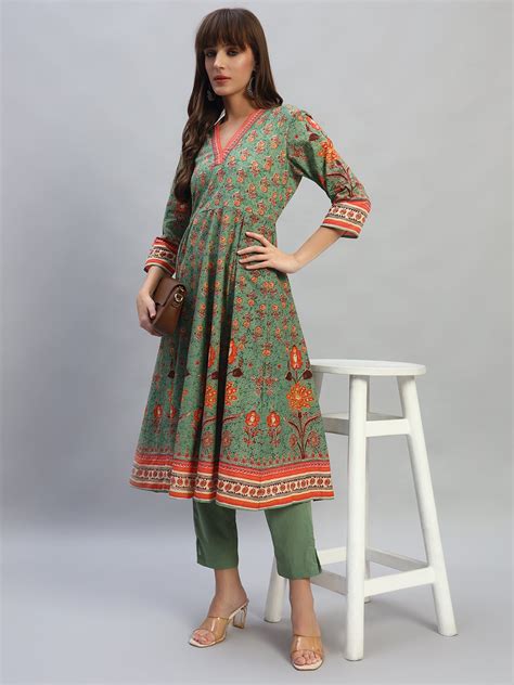 Women's Printed Green V-Neck 3/4th Sleeves Casual Kurti Plazo Set ...