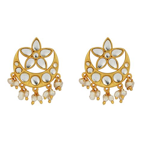 Buy Chaand Phool Stud Earrings with Mirror Polki and Pearls Online in ...