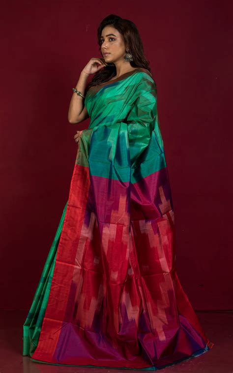 Bishnupuri Pochampally Ikkat Silk Saree in Myrtle Green, Red and Multi ...