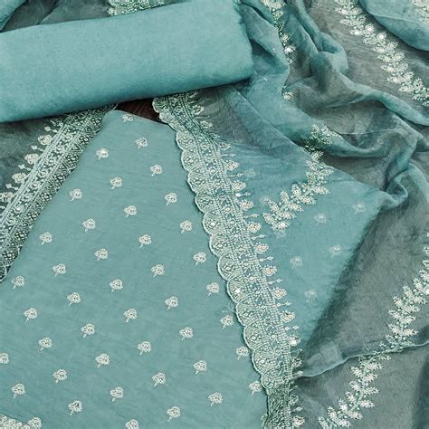 Blue Floral Sequins Embroidered Cotton Silk Dress Material