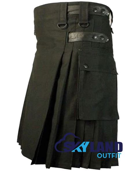 Black Cotton Utility Kilt with adjustable Leather Straps