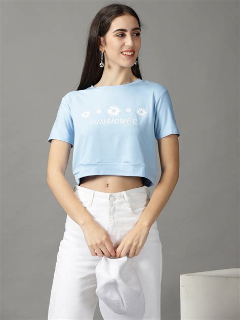SHOWOFF Women Blue Solid Round Neck Short Sleeves Crop Top