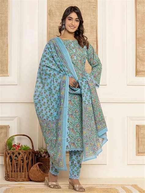 Sky Blue Leaf Print Cotton Pakistani Style Kurta And Trousers With Dup ...