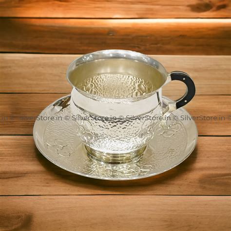 Silver Cup Saucer - 925 Bis Hallmarked - Flower in Hammer pattern - Fu ...