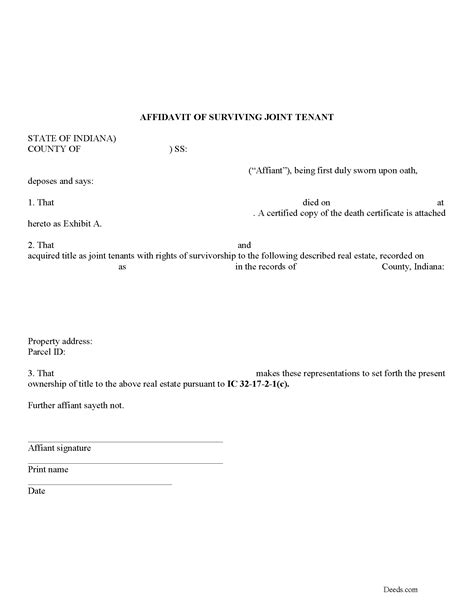 Download Indiana Affidavit Of Surviving Joint Tenant Forms Lake County ...