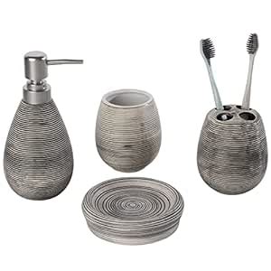 4 Pc Line Textured Dark Brown Ceramic Soap Dish, Soap Dispenser ...