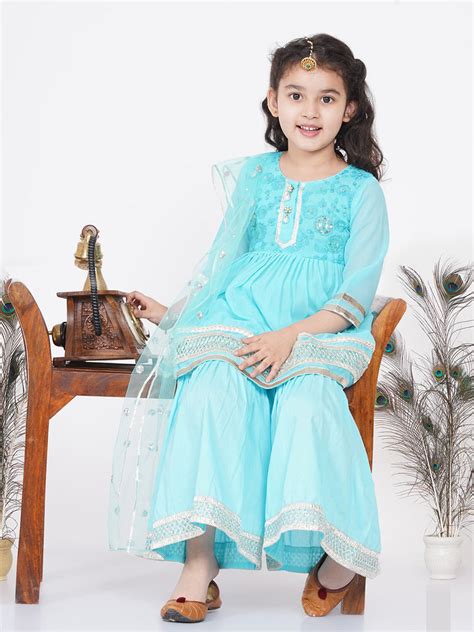 Girls Gotta Patti work Kurta frock with Sharara and Dupatta - Sky Blue ...